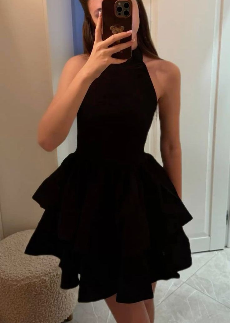 Elegant Homecoming Dress A Line Black Halter Cocktail Dress Short Birthday Dress P4921