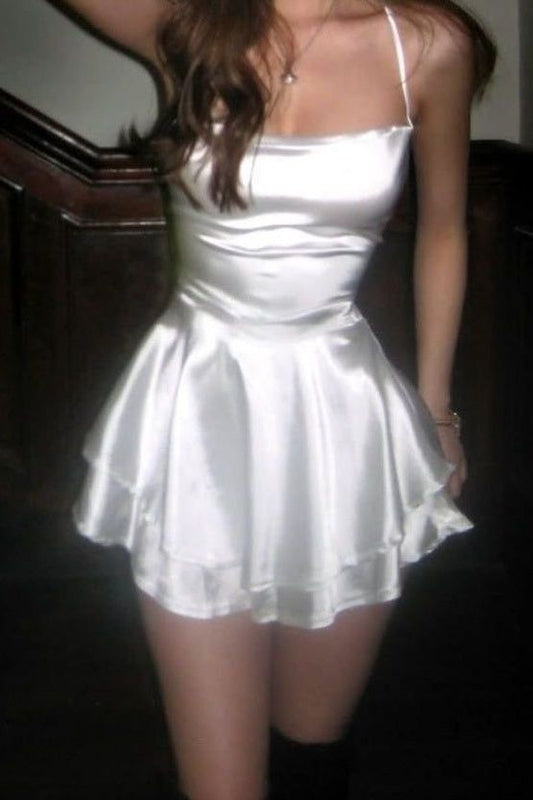 Pretty Homecoming Dress A Line White Spaghetti Straps Satin Back to School Outfits Short Birthday Dress P4932