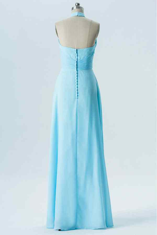 Blue A-line Halter Twisted Knot Chiffon Long Bridesmaid Dress with Buttons