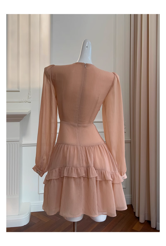 Retro Beading Design A-line Chiffon Long- sleeved V-neck Party Dresses Homecoming Dresses, TP3807