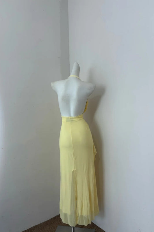 Girlhomeshops--Yellow fashionable suspender long chiffon ruffle prom dress gh5472
