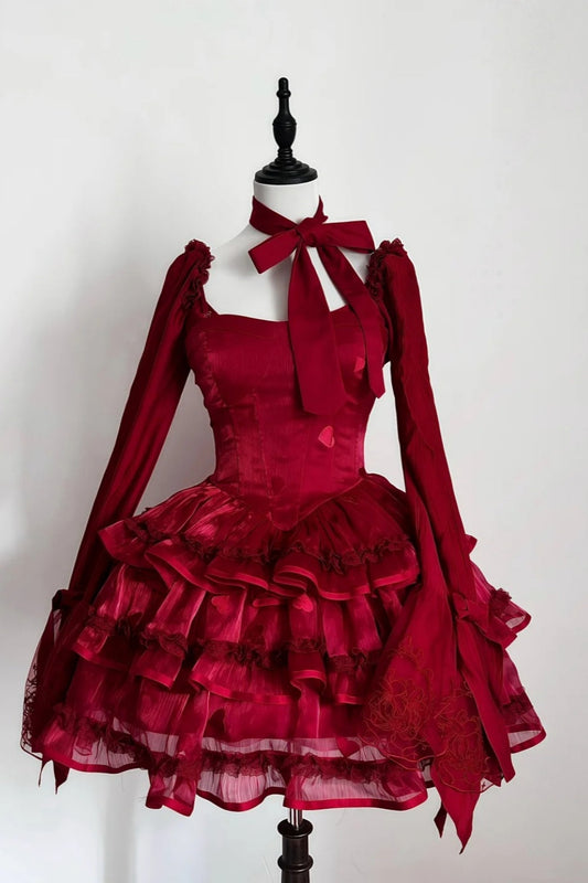 girlhomeshops-Long sleeve/sleeveless Vintage Wine Red Lolita Bow Lace Tiered Short Party Dress gh6031