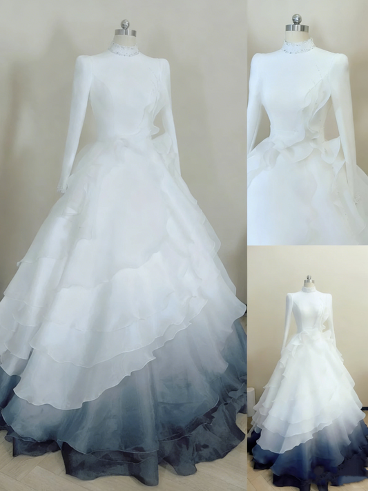Formal Dress White-Blue Gradient Tulle High-Neck Long-Sleeve Tiered Train Gown Wedding Dress gh6390