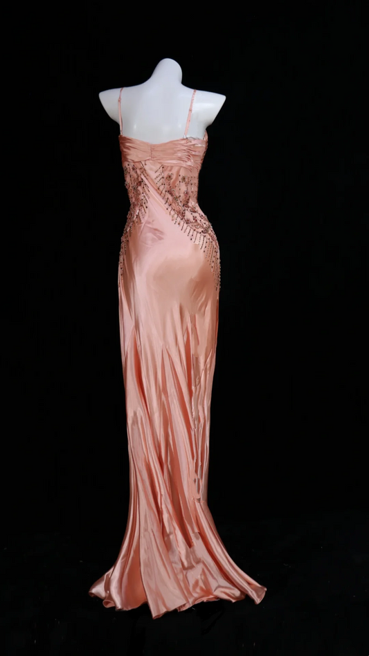 Light Pink Spaghetti Strap Fitted Waist Slim Satin Prom Dress, Evening Party Gown gh7312