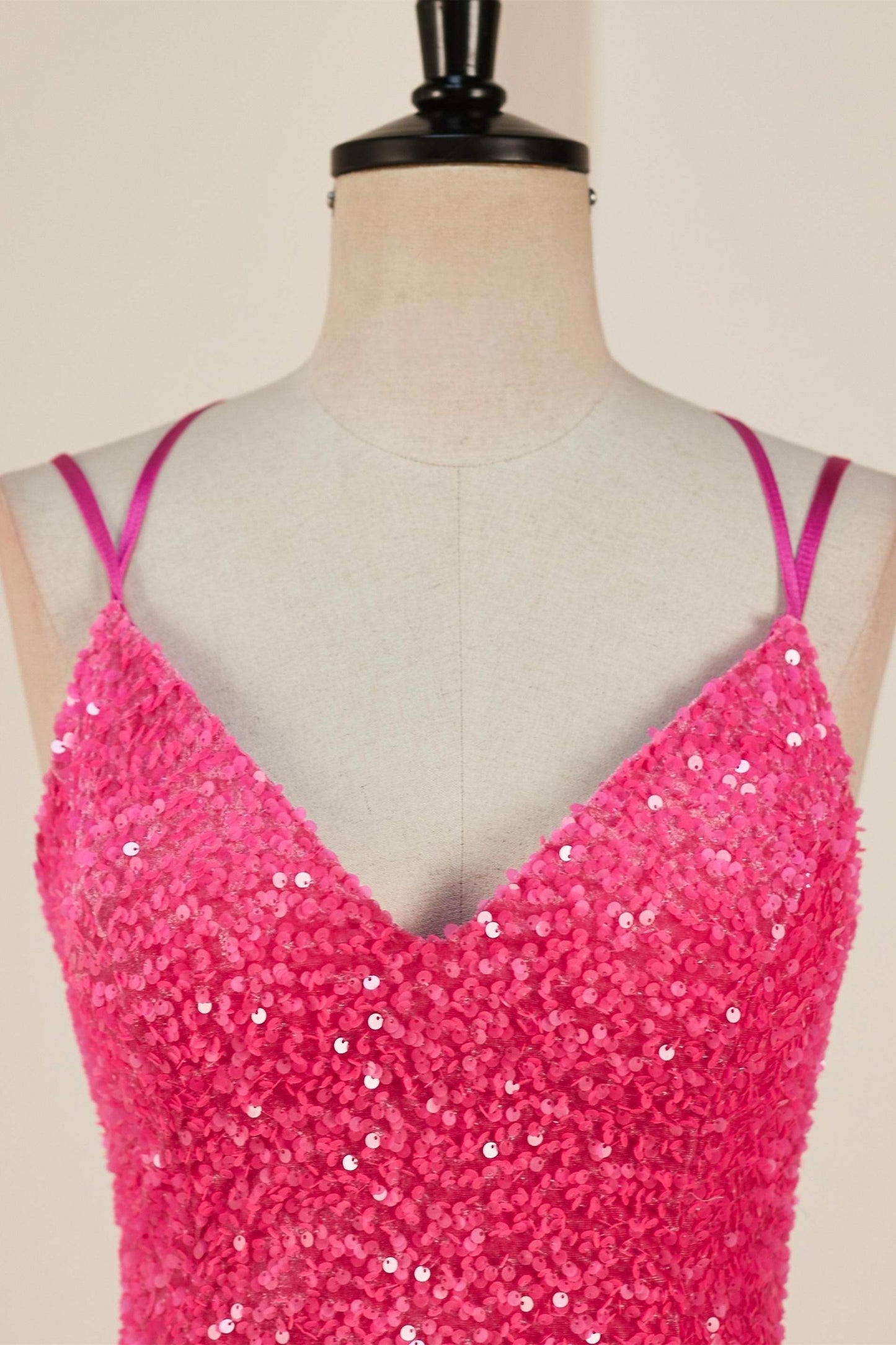 Hot Pink Sequins Sheath Deep V Neck Lace-Up Homecoming Dress