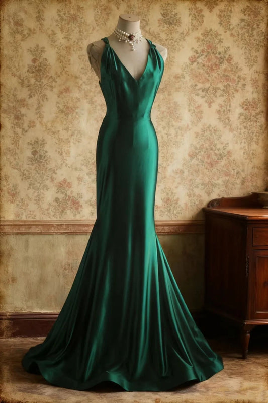 girlhomeshops-Sleeveless Deep V - Neck Backless Dark Green Satin Mermaid Dress, Retro Elegant Slim - fitting Floor - length Evening Gown gh5827