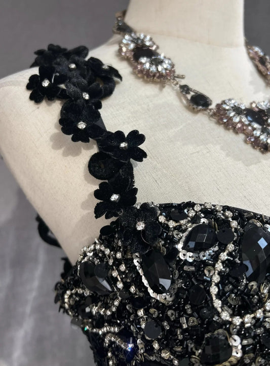 Black Luxury Gorgeous Vintage Shiny Elegant Delicate Floral Gemstone Rhinestone Beads Satin Long Mermaid Floor Length Trail Fairy Ball Gown Evening Gown Party Gown Prom Gown Lola's Dinner gh3855