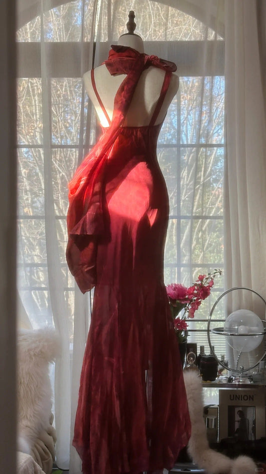 Red Romantic Fashion Elegant Exquisite Lotus Gold Beaded Long Chiffon Fishtail Skirt Mermaid Slim Ball Gown Evening Dress Birthday/Wedding Guest/Holiday Party Dress Prom Dress Valentine's Day Date Dress gh4029