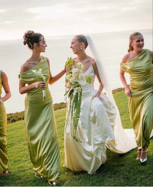 Green Fashion Elegant One Shoulder Long Satin Ball Gown Evening Dress Wedding Guest Party Dress Graduation Dress Bridesmaid Dress gh4069