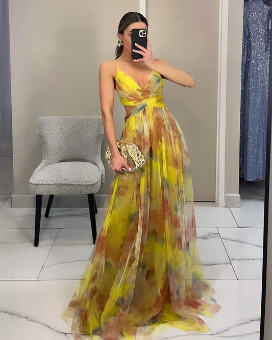 Vintage Watercolor Tulle Spaghetti Strap Prom Dress Formal Long A-Line Evening Gown TP5810