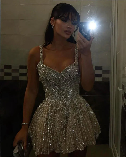 Vintage Silvery Shiny Beaded A-Line Short Party Dress Cocktail Dress Homecoming Dress TP4464