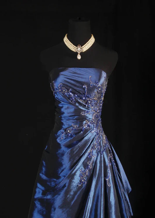 Navy Blue Vintage Elegant Fashion Ball Gown Off Shoulder Long Satin Prom Dress Evening Dress Party Dress gh4246