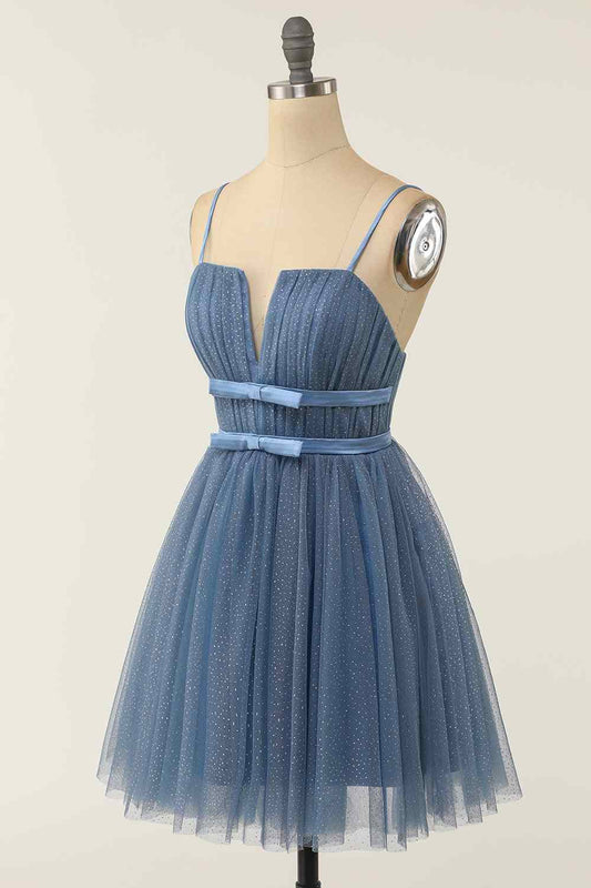 Dusty Blue A-line V Neck Pleated Double Bow Tie Sash Mini Homecoming Dress