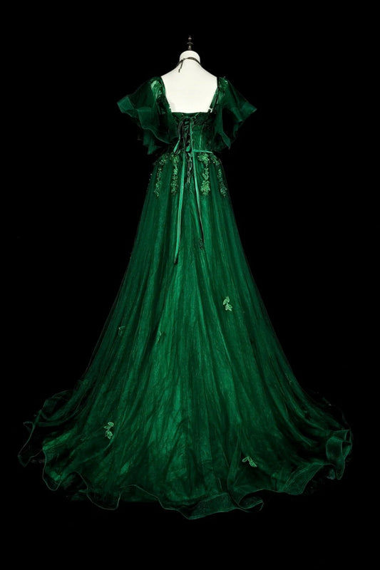 girlhomeshops-Green vintage-style delicate floral short-sleeved long tulle ball gown gh6133