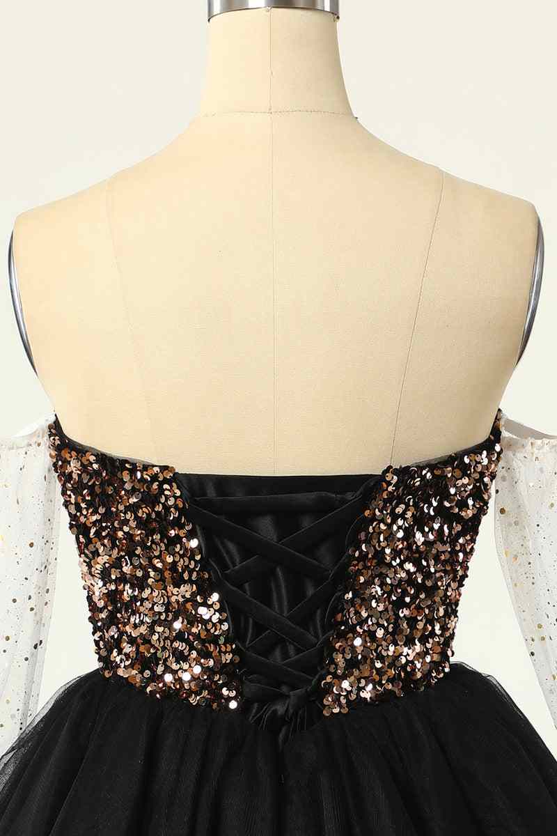 Black Off-the-Shoulder A-line Long Sleeves Sequins Mini Homecoming Dress