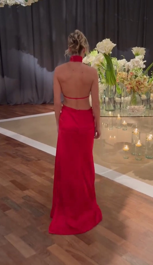 Red Halter Mermaid Wedding Guest Dresses Holiday Party Dress Open Back