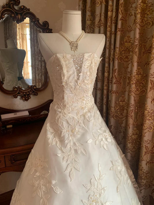 Ivory Strapless Printed Fitted Waist Voluminous Skirt Prom Gown, Birthday Dress, Bridal Wedding Gown gh7267