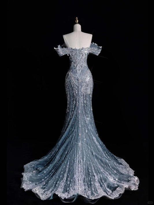 ✨💎Silver Blue Luxurious Heavy Industry Sparkling Gorgeous Elegant Exquisite Beading Stunning Long Mermaid Dress Sequin Floor Length Trailing Prom Dress Evening Dress Wedding Dress gh4114