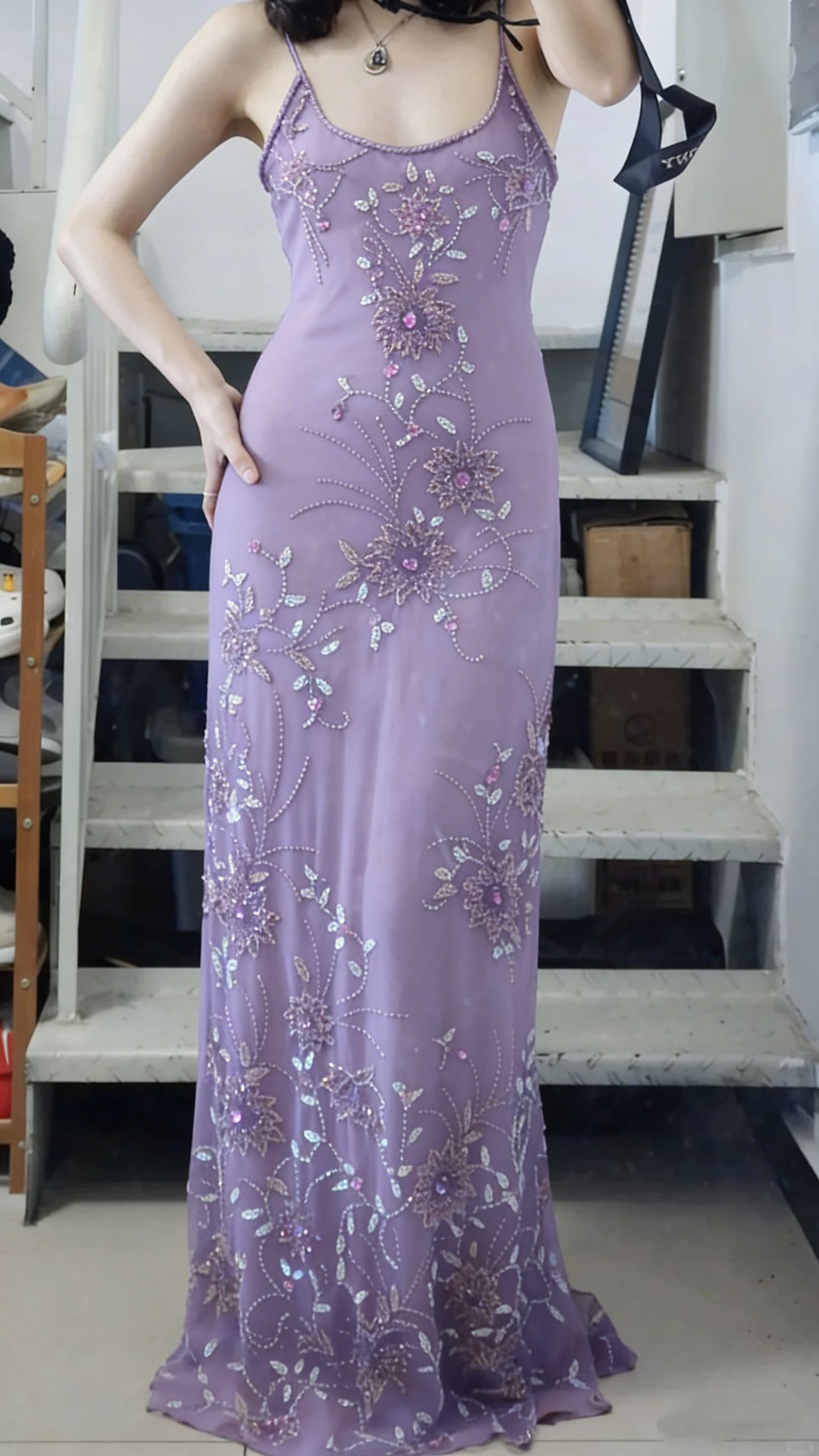 Elegant Purple U-neck Chiffon Beaded Spaghetti Strap Prom Dress P3493