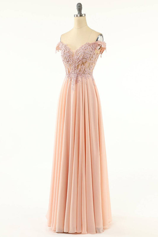 Off-Shoulder A-Line Empire Lace And Chiffon Prom Party Dress
