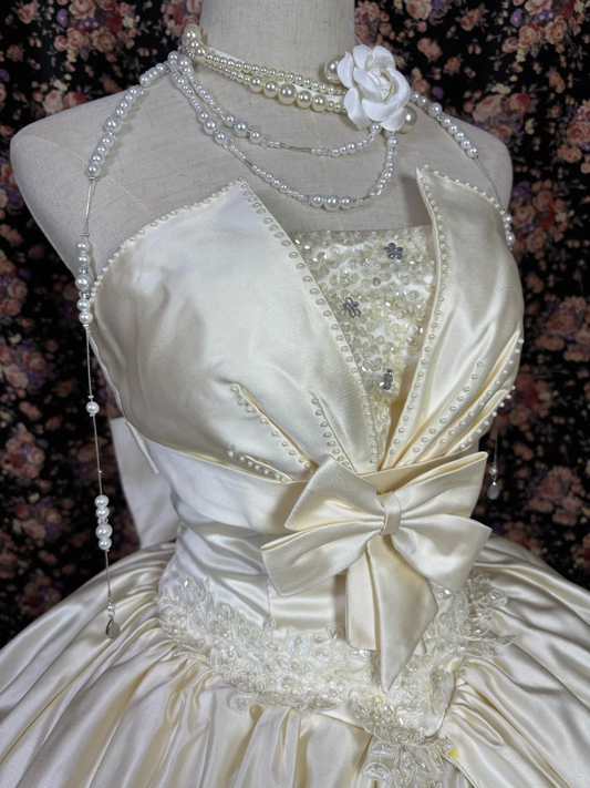 Elegant Strapless A-Line Rouched Bow Satin Wedding Dress TP5341