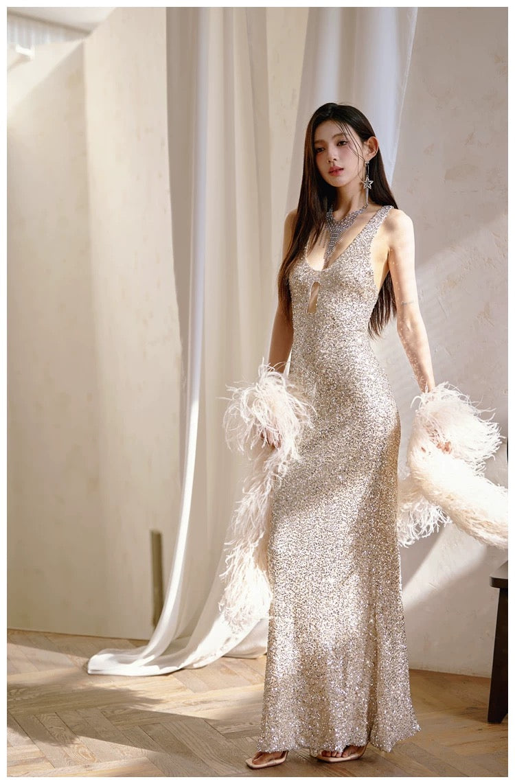 Sexy Mermaid Silver Sequin Evening Party Dress Birthday Outfits P643