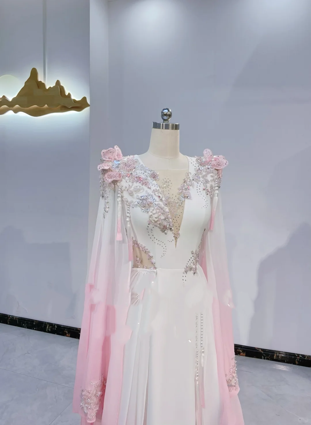 Light Pink Gradient V-Neck Waist-Cinched Fitted Long Evening Dress, Fairy Gown, Romantic Gown gh7385