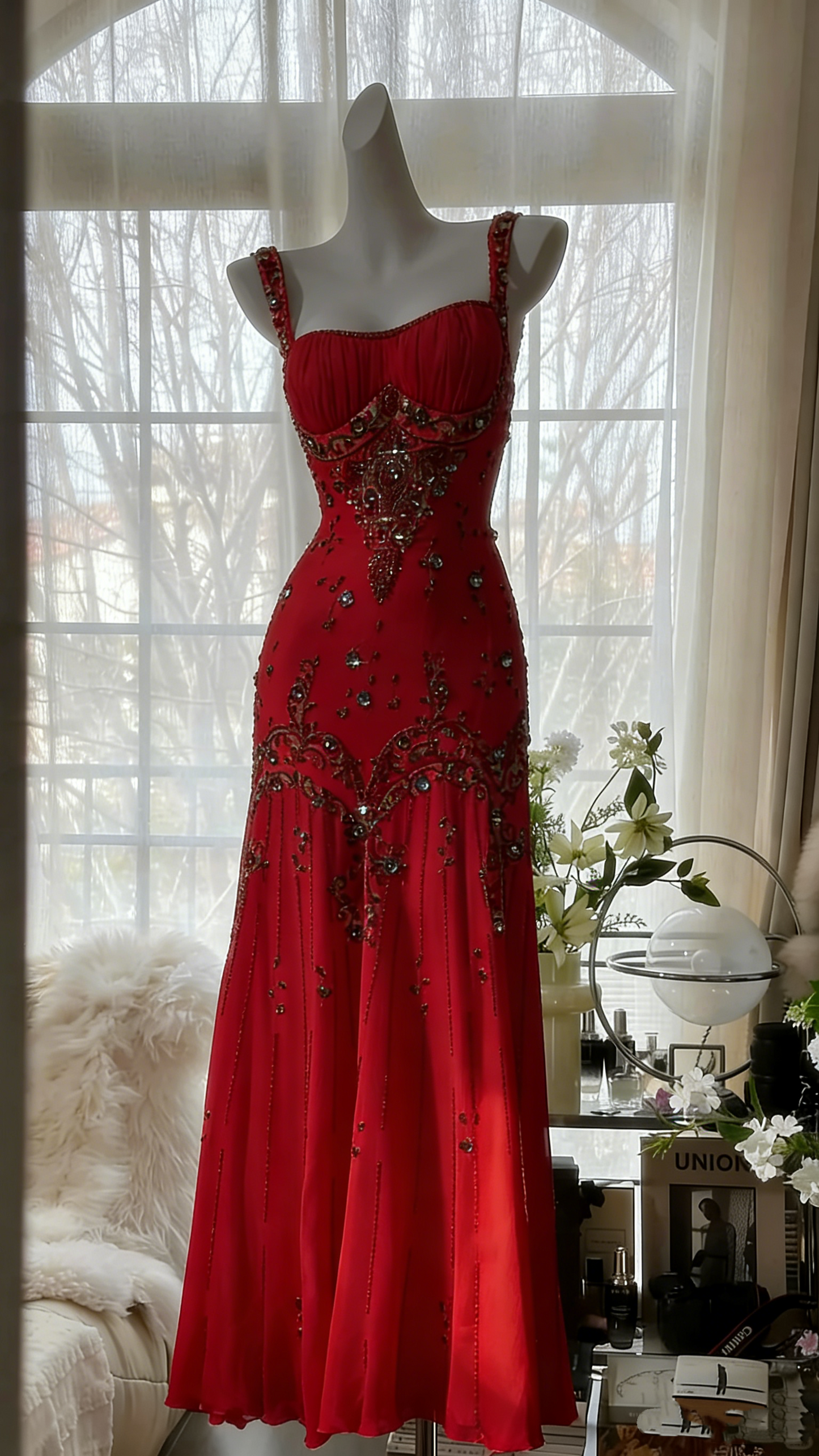 Vintage Ivory Beaded Chiffon Mermaid Prom Dress P3293