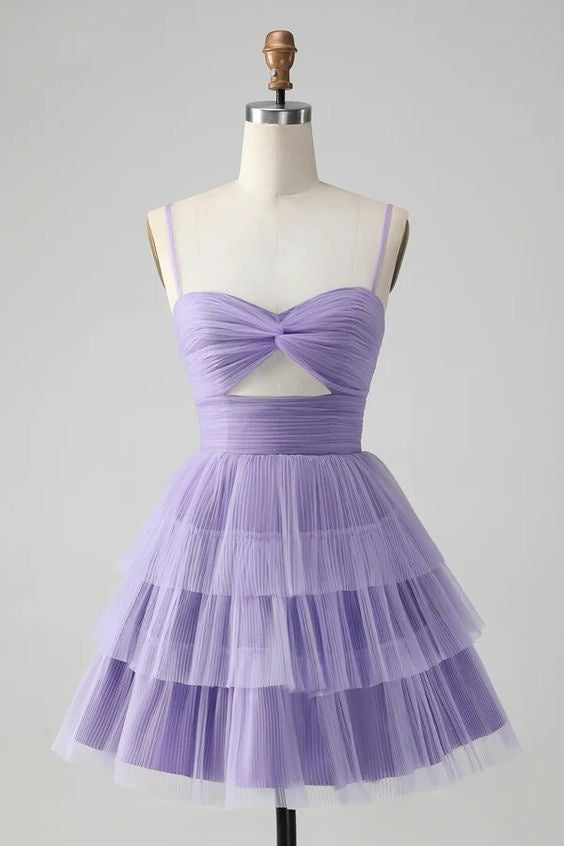 A Line Spaghetti Straps Short Tiered Homecoming Dress