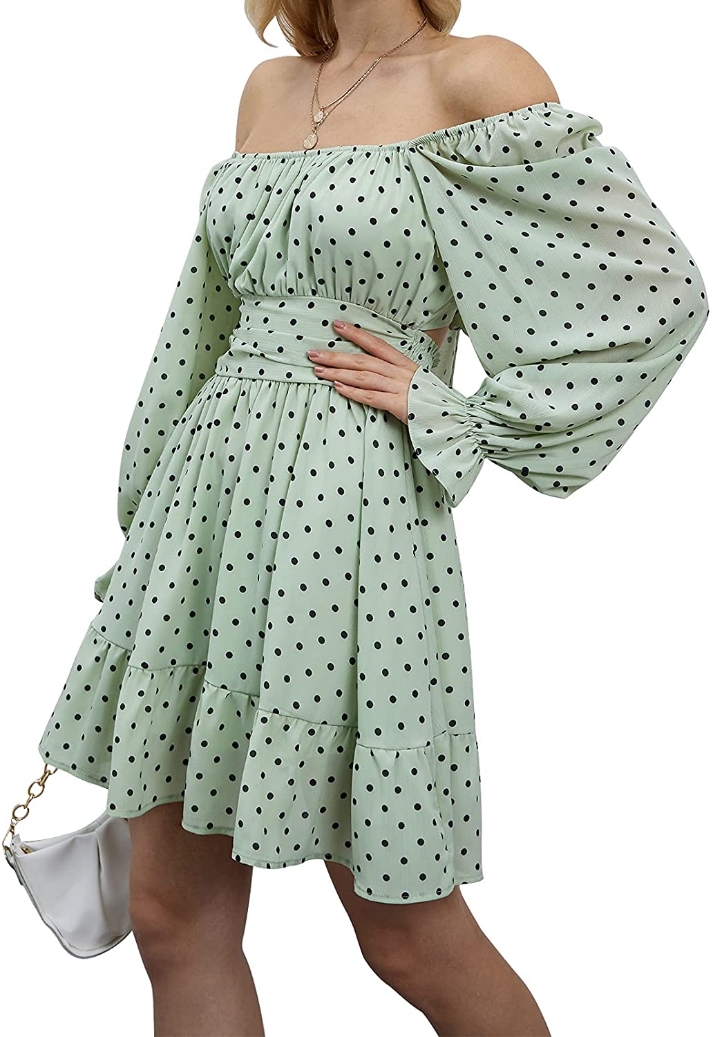 EXLURA Women Tie Back Long Lantern Sleeve Square Neck Ruffle Dress Elastic Waist Aline Casual Mini Dress