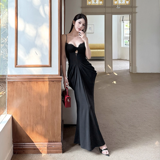 Enchanting Black Sweetheart Spaghetti Strap Pleated Mermaid Prom Dress Evening Dress TP4349