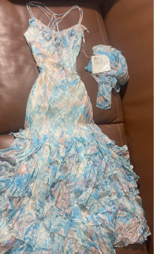 Gorgeous Blue and Pink Floral Spaghetti Strap Mermaid Chiffon Long Prom Dress Birthday Dress P4788