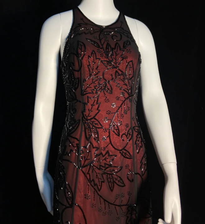 Vintage Burgundy Halter Neck Slim Fit Black Bead Leaf Pattern Tulle Long Prom Dress Evening Dress P4789