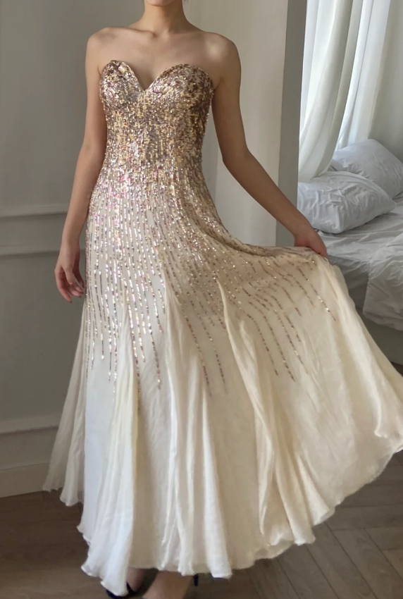 Elegant Off-white Heart Neck A-Line Sequin Chiffon Long Prom Dress Evening Dress P4790