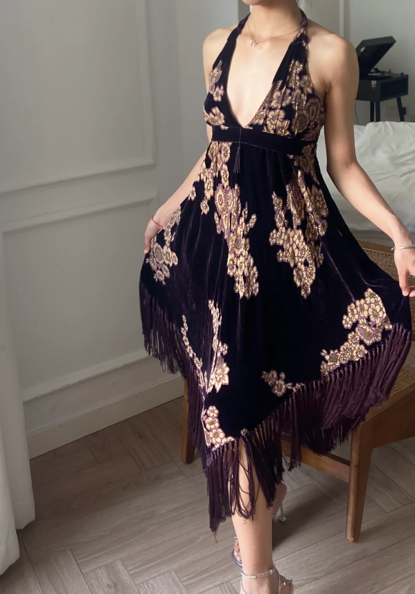 Vintage Dark Purple Halter Neck Tassel Velvet Prom Dress Evening Dress P4791