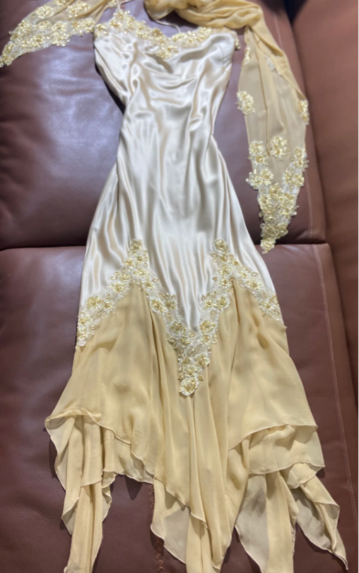 Elegant Pale Yellow Embroidered Irregular Ruffled Satin Chiffon Long Prom Dress Evening Dress P4797