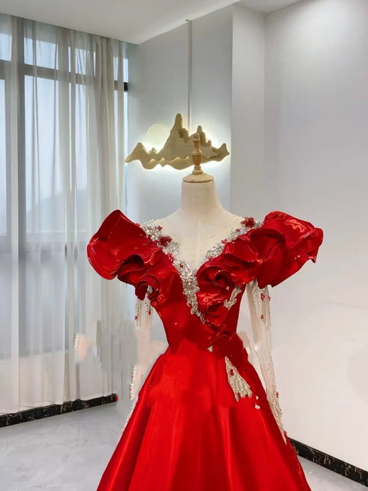Red Puff Sleeve Waist-Cinched Fitted Full Skirt Grand Evening Dress, Fairy Gown, Romantic Gown gh7386