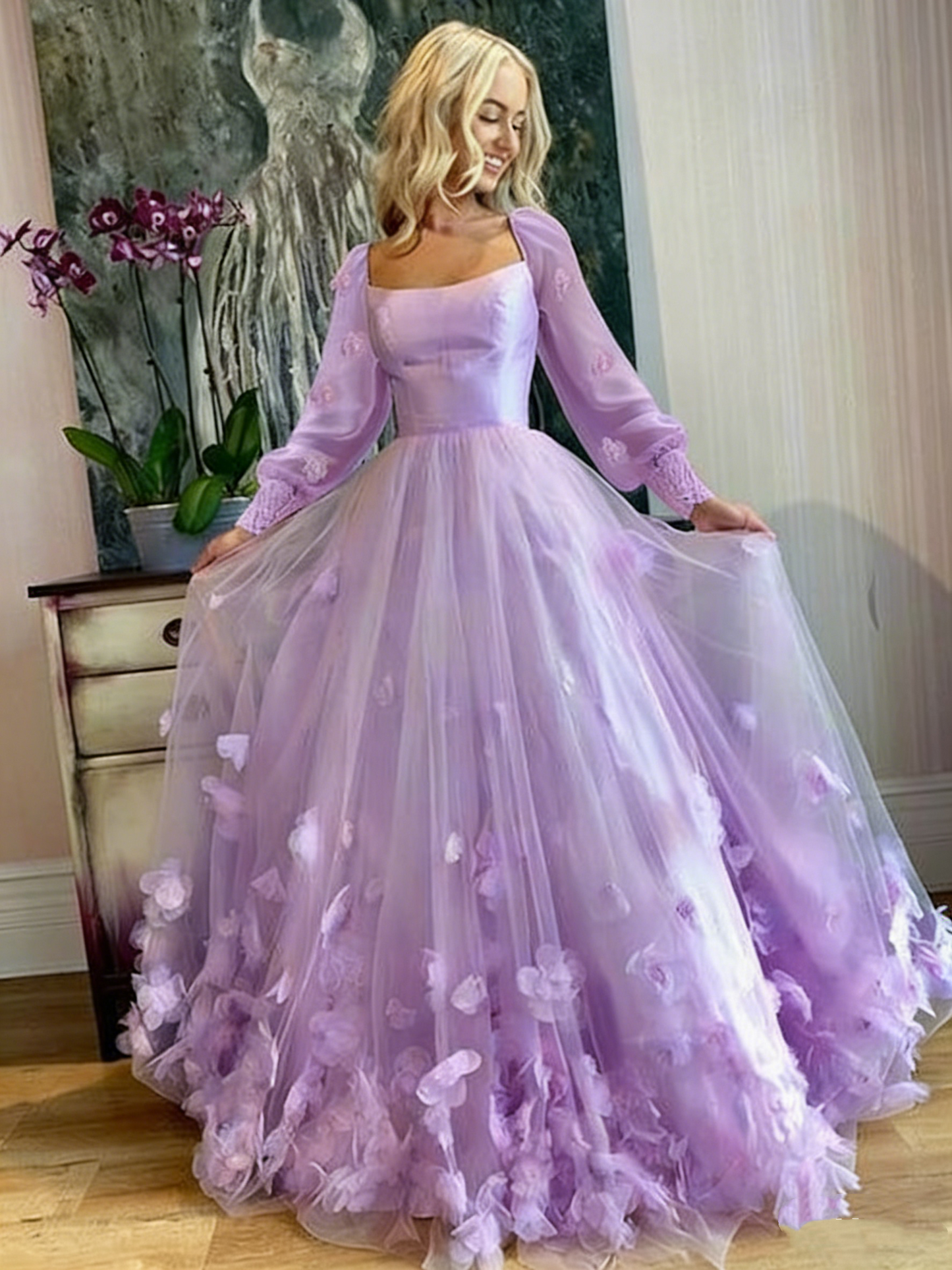 A-Line Prom Dresses Maxi Dress Floor Length Long Sleeves Tulle with Appliques 22th Birthday Outfits P649