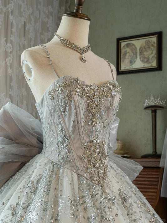 White shiny luxury gorgeous princess exquisite gemstone beads fashionable and elegant long tulle floor-length ball gown evening gown graduation gown adult ceremony gown wedding dress gh3843