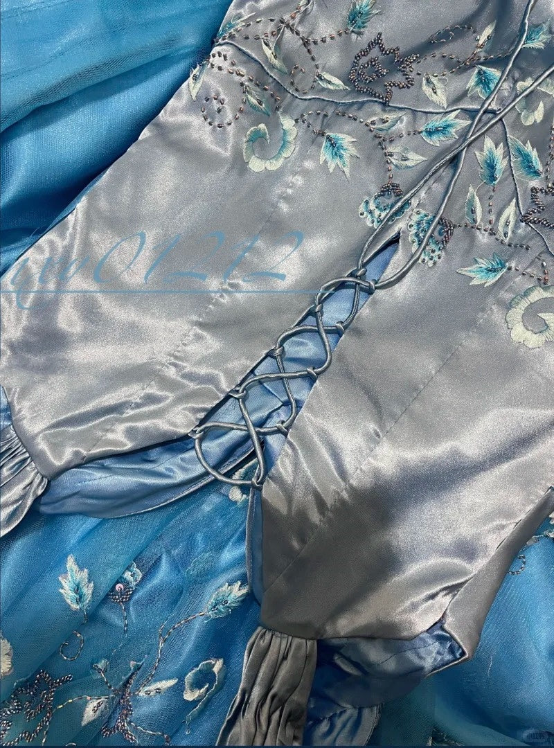 Blue Floral Elegant Long Satin Ball Gown Evening Gown Party Dress Bridesmaid Dresses gh4464