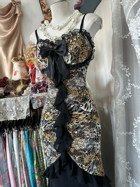 Vintage Leopard Print Sweetheart Design Mermaid Spaghetti Strap Prom Dress Evening Dress TP4207