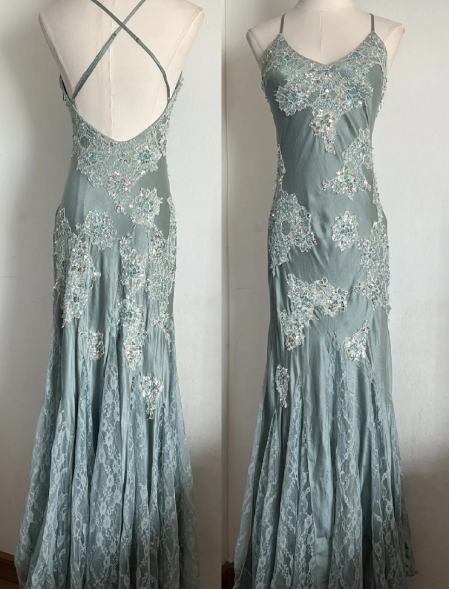 Elegant Light Blue Mermaid Crisscross Backless Lace Satin Long Prom Dress Evening Dress P4803