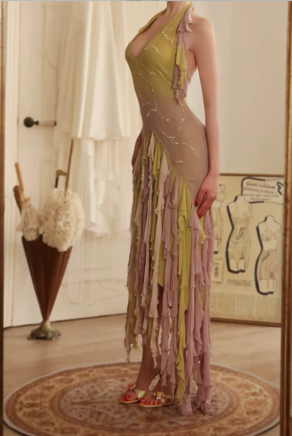 Stunning Gradient Halter Neck Layered Tassel Chiffon Long Prom Dress Evening Dress P4809