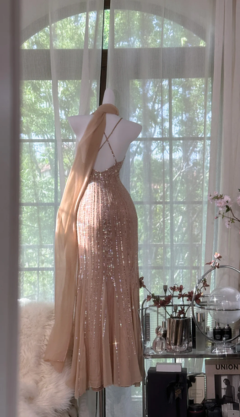 Vintage Cross Back Beaded Sequin Chiffon Long Prom Dress Evening Dress P4819