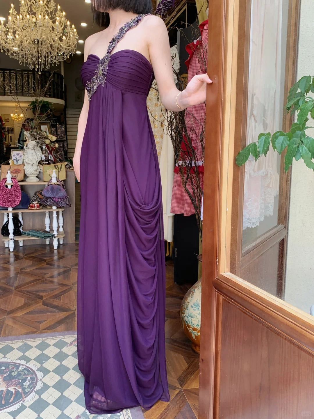 Vintage Dark Purple One-Shoulder Ruched Chiffon Long Prom Dress Evening Dress P4822