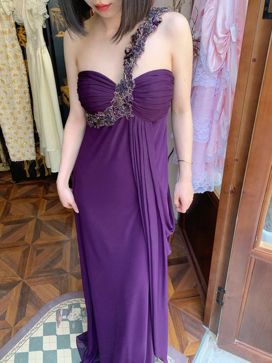Vintage Dark Purple One-Shoulder Ruched Chiffon Long Prom Dress Evening Dress P4822