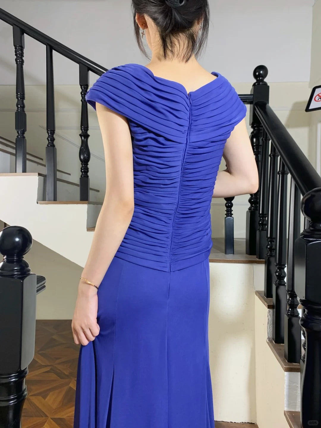 Elegant Royal Blue V-Neck Ruched Slim Chiffon Long Prom Dress Evening Dress P4824