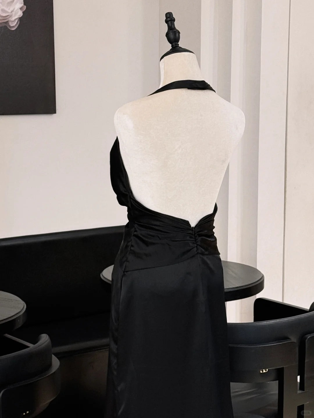 Simple Black Halter Neck Backless Satin Train Prom Dress Evening Dress P4828