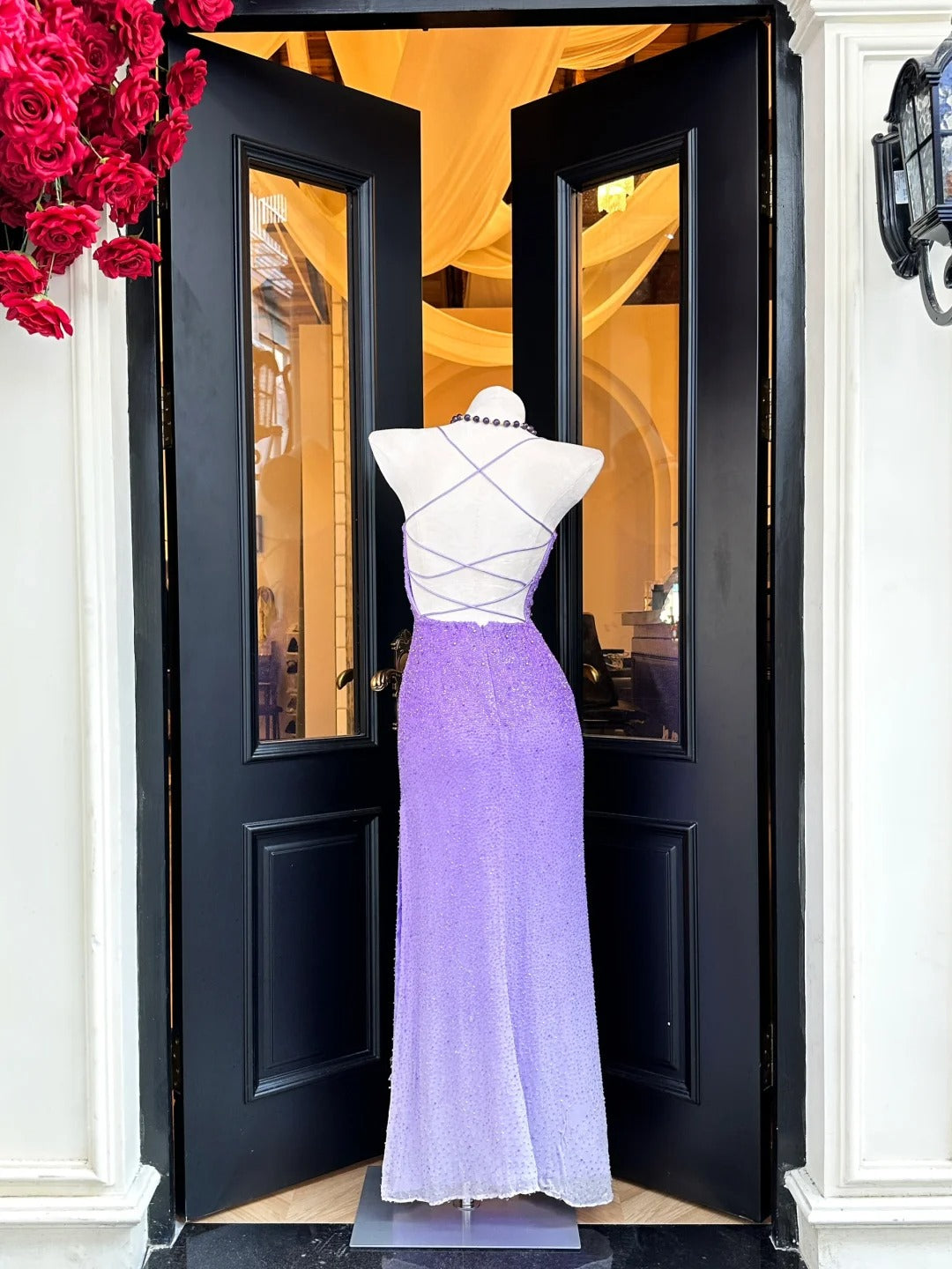 Dreamy Purple Cross Back Beaded Tulle Long Prom Dress Evening Dress P4831