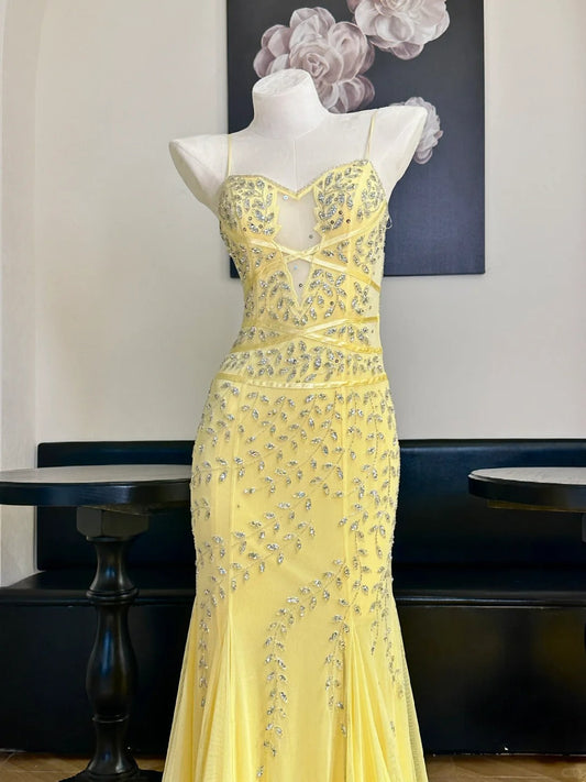 Vintage Yellow Mermaid Leaf Beaded Tulle Long Prom Dress Evening Dress P4832